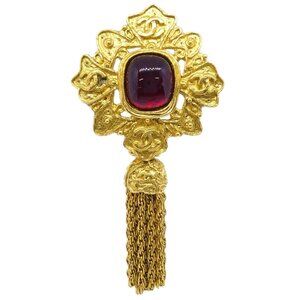 Chanel Gripoix Brooch Pin Gold Red Fringe 94A 165789
